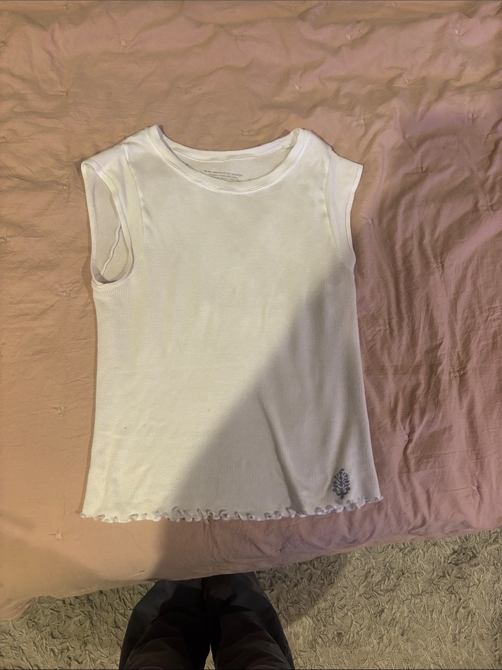 Free People White Ribbed Kids Tank with Leaf Accent